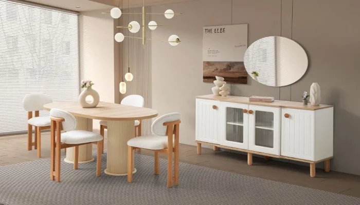 Viyana yemek odası takımı; oval yemek masası, dikey dikişli gri sandalyeler ve ikili yuvarlak aynalı modern konsol seti.