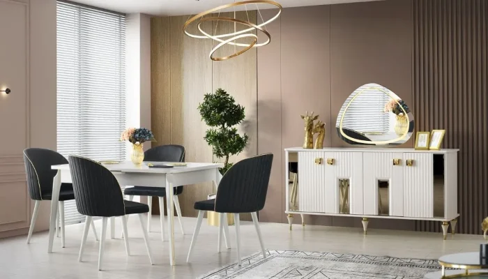 Askar yemek odası takımı modern beyaz masa ve antrasit kadife kapitone sandalyeler ile genel görünüm.