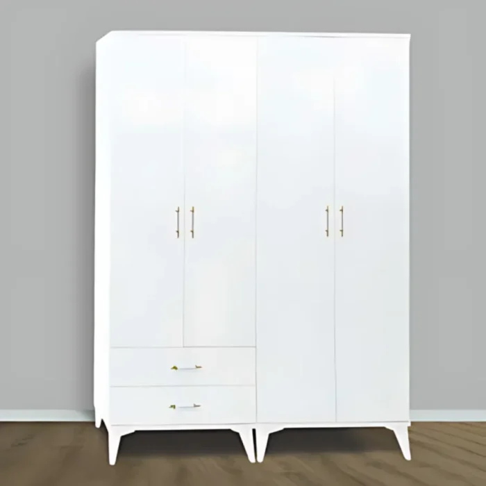 Eko 4 kapılı gardırop beyaz renk, düz yüzeyli dört kanat, sol alt bölmede 2 çekmece, altın kulplar ve beyaz konik ayaklı sade minimalist görünüm