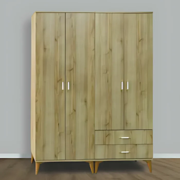 Eko 4 kapılı gardırop ceviz ahşap desen, düz kapı yüzeyleri, sağ alt bölmede 2 çekmece, gümüş kulplar ve altın konik ayaklı doğal ahşap görünüm
