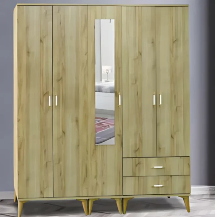 Ekol 5 kapılı gardırop ceviz ahşap desen, merkez kapıda tek dikey boy ayna, sağ alt bölmede 2 çekmece