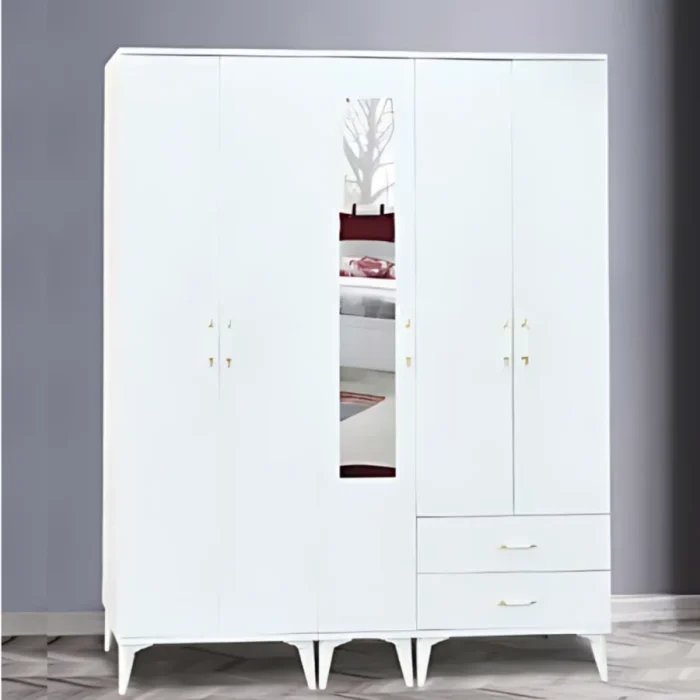 Ekol 5 kapılı gardırop beyaz renk, orta kapıda dikey boy ayna, sağ alt köşede 2 çekmece, altın kulplar ve beyaz konik ayaklı