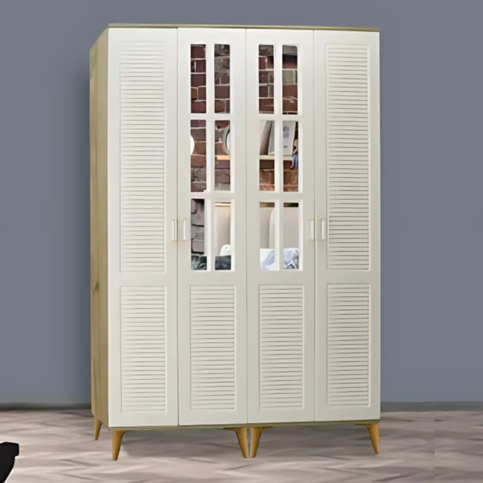 Panjur 4 kapılı gardırop krem ceviz renk kombinasyonu, orta iki kapıda dikdörtgen ayna detayı, yatay panjur kanatlar ve altın konik ayaklar