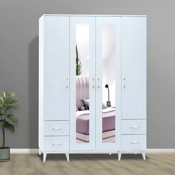 Prestij 4 kapılı gardırop beyaz renk, orta iki kapıda dikey boy ayna, sol ve sağ alt bölmelerde ikişer çekmece, gold kulplar ve beyaz konik ayaklı şık tasarım