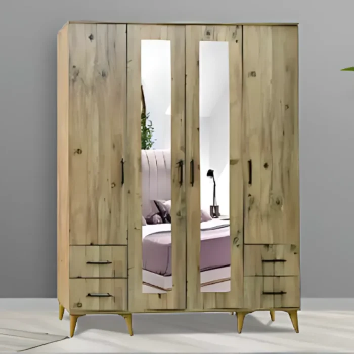 Prestij 4 kapılı gardırop ceviz doğal ahşap desen, orta iki kapıda dikey boy ayna, sol ve sağ alt bölmelerde ikişer çekmece, siyah kulplar ve altın konik ayaklı rustik görünüm