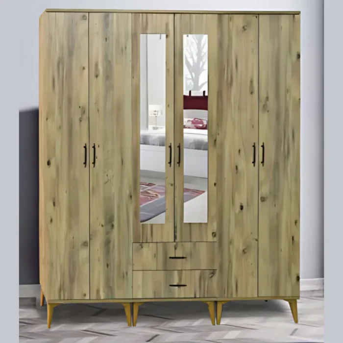 Sultan 6 kapılı gardırop ceviz doğal ahşap desen, orta iki kapıda dikey boy ayna paneller, alt bölmede 2 çekmece, siyah kulplar ve altın konik ayaklı hacimli tasarım