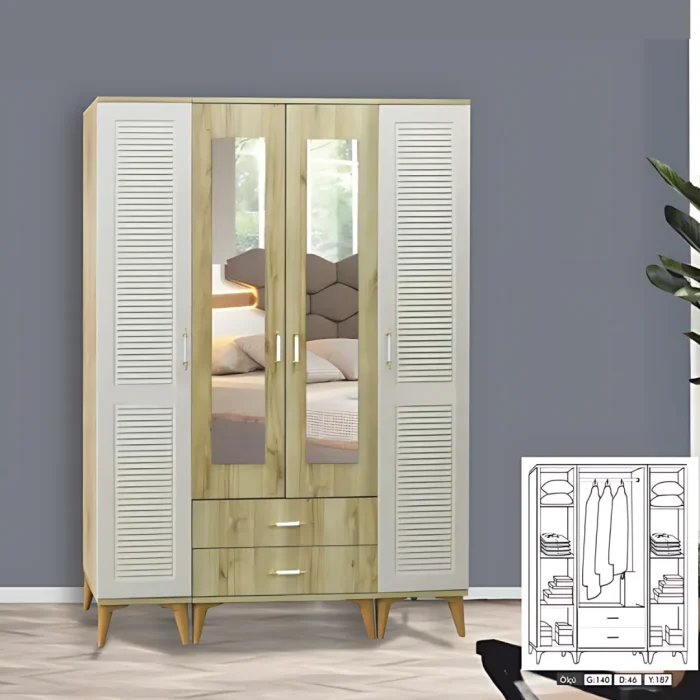 Uras 4 kapılı gardırop ceviz beyaz renk kombinasyonu, orta kapılarda boy ayna, panjur detaylı yan kanatlar, 2 çekmece ve iç düzen şemasıyla 140x46x187 cm ölçüler