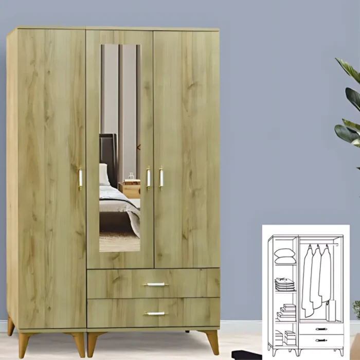 Yakut 3 kapılı gardırop ceviz ahşap desen, orta kapıda dikey dikdörtgen boy ayna, 2 geniş çekmece ve altın kulplu modern tasarım ile iç bölüm şeması