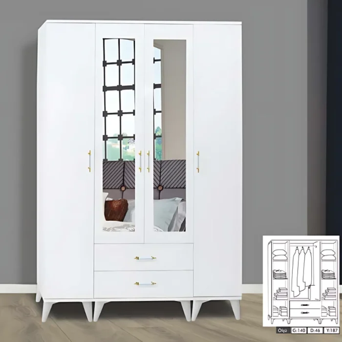 Yakut 4 kapılı gardırop beyaz renk, orta iki kapıda dikey boy ayna, altın kulplu 2 çekmece, konik beyaz ayaklar ve iç bölüm şeması 140x46x187 cm ölçüler