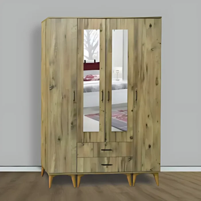 Yakut 4 kapılı gardırop ceviz doğal ahşap desen, orta iki kapıda dikey ayna paneller, siyah kulplu 2 çekmece ve gold konik ayaklı rustik görünüm