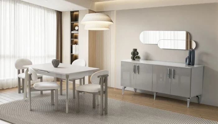 Hazal yemek odası takımı; oval yemek masası, bej döşemeli modern sandalyeler ve ikili yuvarlak aynaya sahip şık konsol takımı.