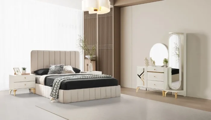 Krem Venüs dresuar ve dairesel ayna ile uzun boy aynası, geometrik altın kaplamalar ve kulplarla. yarmalı başlık modeli ve komodin