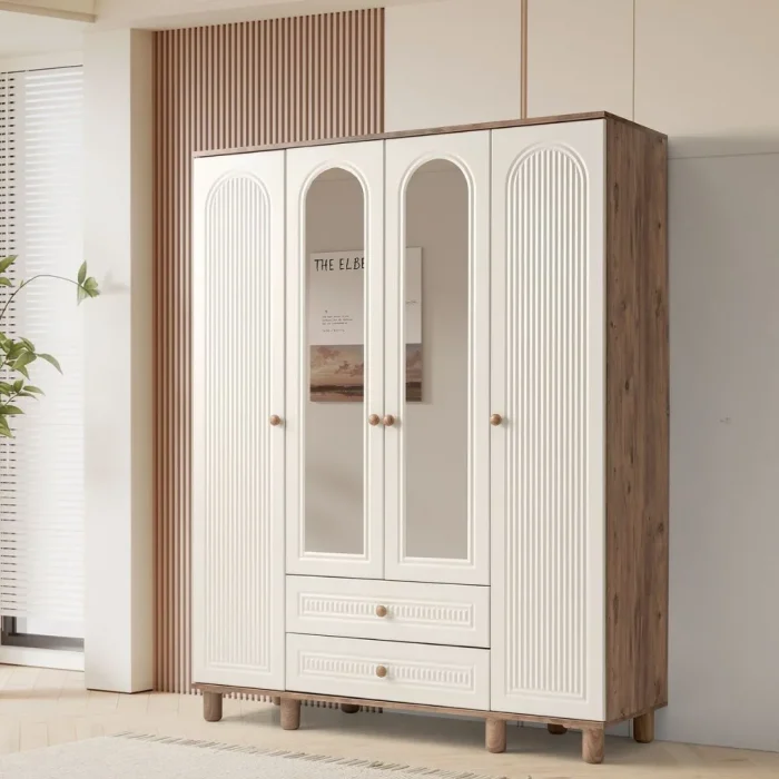 Masal 4 kapılı gardırop beyaz ceviz renk kombinasyonu, kemerli aynalı kapılar ve ahşap detaylı modern yatak odası gardırobu