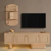 Azure TV Ünitesi – doğal meşe kaplama, silindirik ayaklı ve led ışıklı tv sehpası ile oval duvara monte raflı modern salon seti