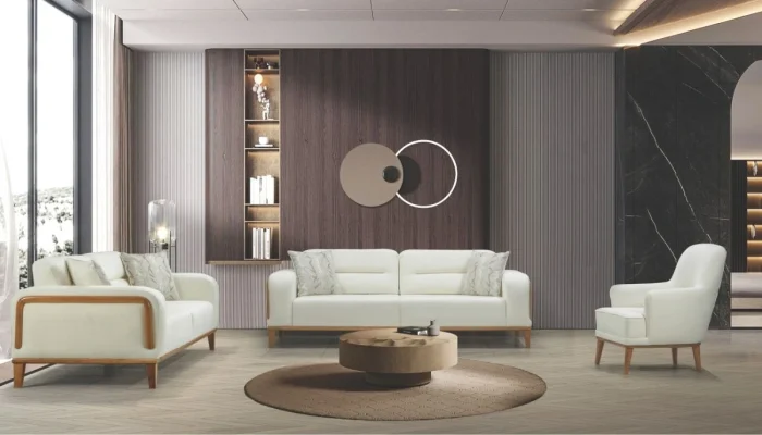 Donat koltuk takımı beyaz buklet kumaş modern salon dekorasyonu ve ahşap detaylar.