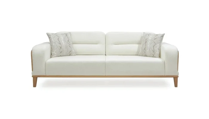 Donat üçlü koltuk beyaz buklet kumaş tasarımı ve yüksek ahşap ayaklar.