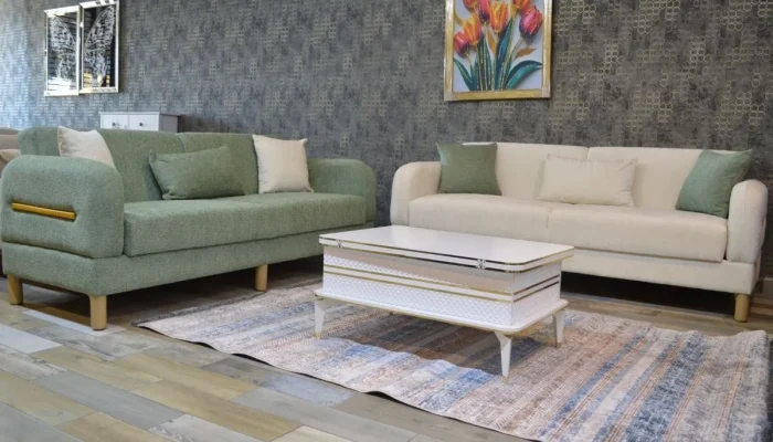 Elif Oturma Grubu kanepe takımı puffy kumaş beyaz yeşil