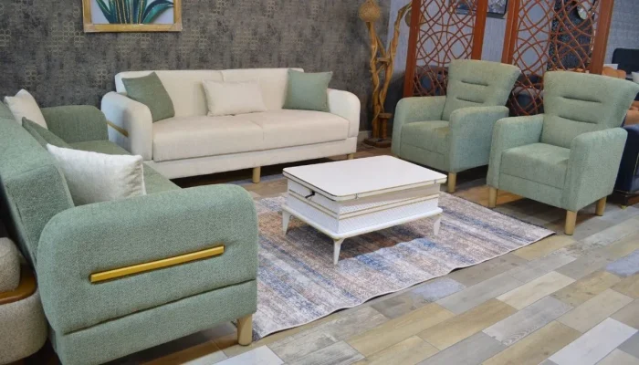 Elif Oturma Grubu berjer takımı haki yeşil puffy kumaş ahşap detaylı berjer Fırat Mobilya.