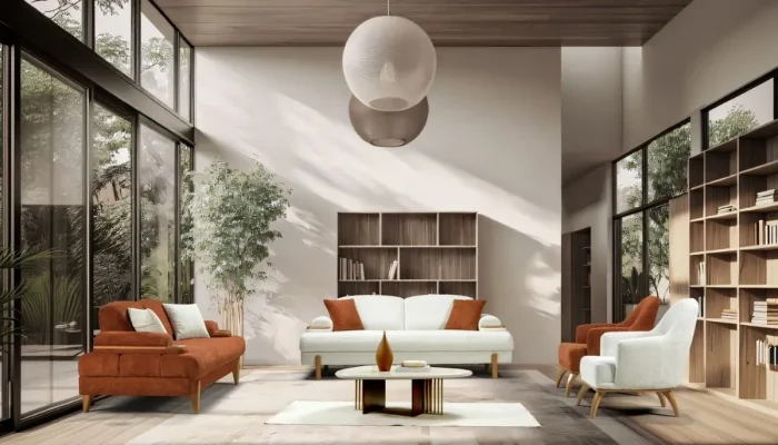 Modern hatlara sahip Pars koltuk takımı; kiremit ve ekru renk seçenekleri, ahşap detaylar ve minimalist salon dekorasyonu.