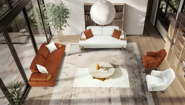 Pars koltuk takımının geniş salon içerisindeki estetik duruşu ve üst açıdan modern yerleşim planı.