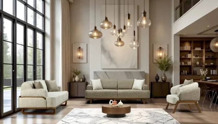 Modern tasarımlı Venedik koltuk takımı; yataklı üçlü koltuklar, krem rengi kırlentler ve ahşap ayaklarla salon takımı