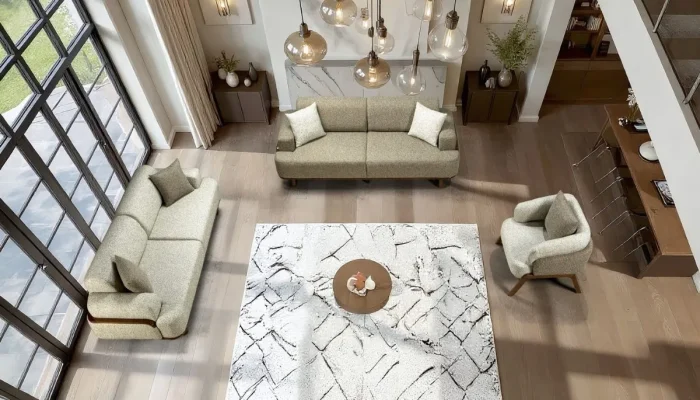 Şık ve ergonomik Venedik koltuk takımı; keten dokulu kumaşı, ahşap ayakları ve yastıkları ile estetik görünüm.